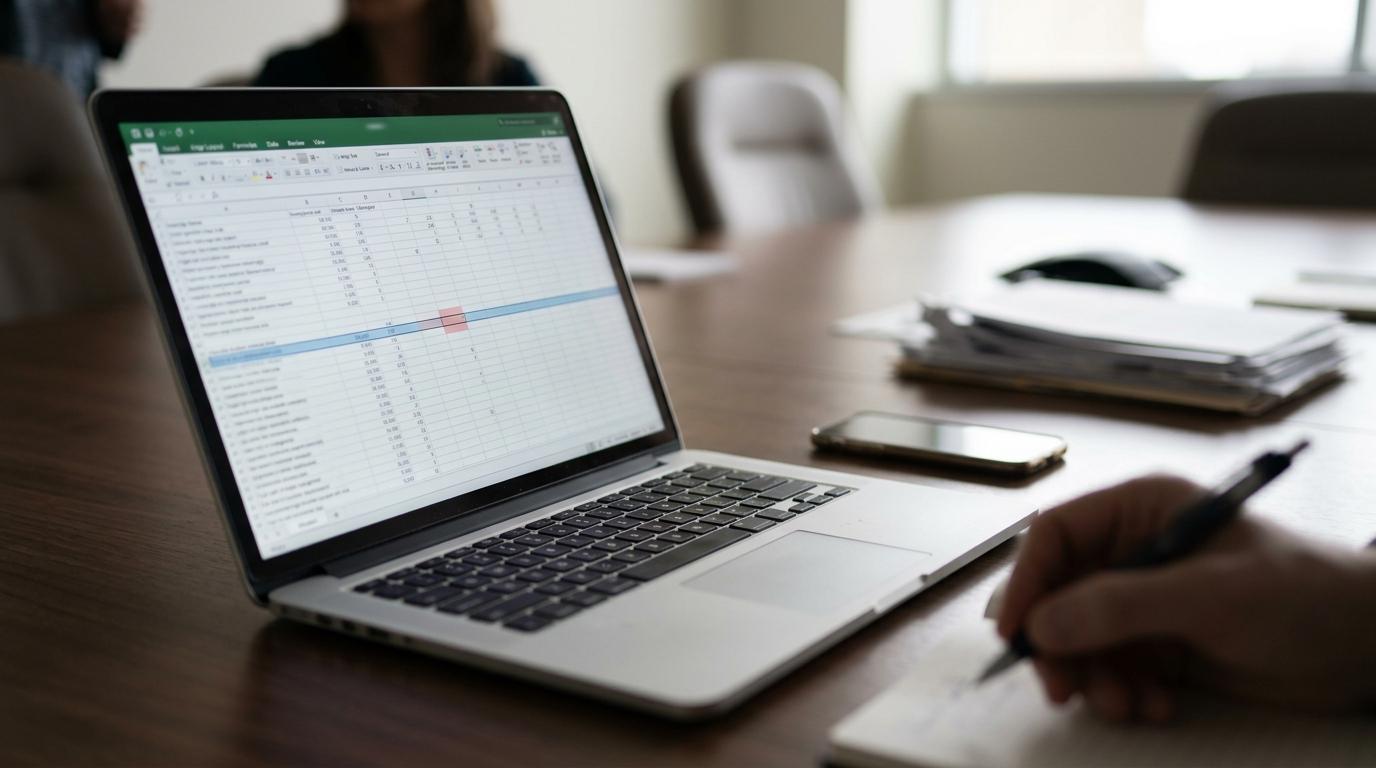 Laptop displaying an event budgeting spreadsheet, with a hand writing notes, emphasizing the importance of detailed planning for successful event execution.