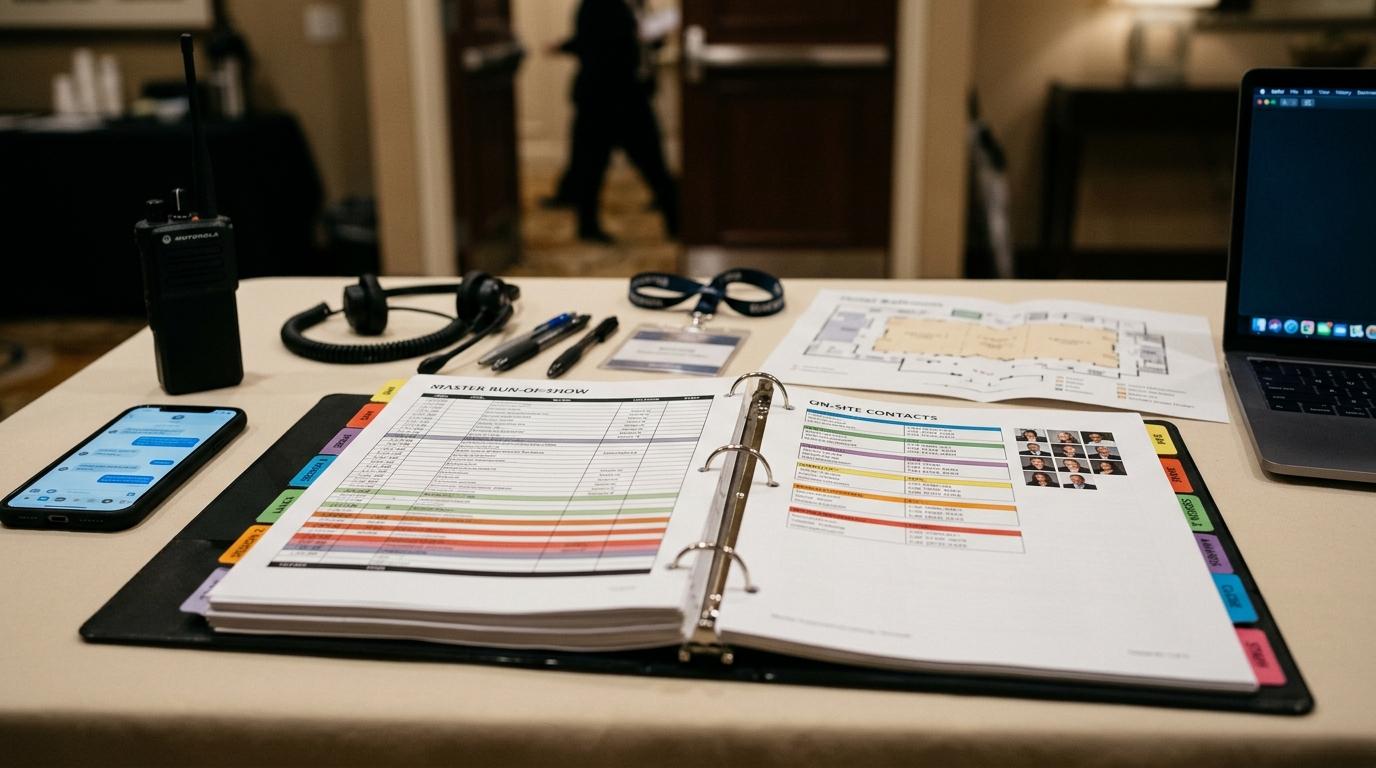 Event logistics planning materials including a master run-of-show binder, contact list, mobile phone, and communication devices on a table, relevant to corporate event management.