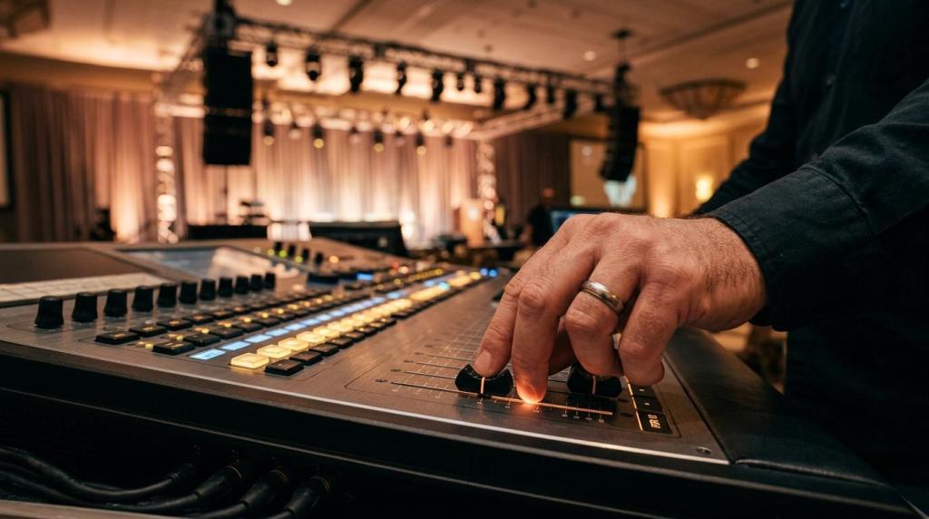 Audio technician adjusting sound mixer during event production, emphasizing meeting management and organizational efficiency.