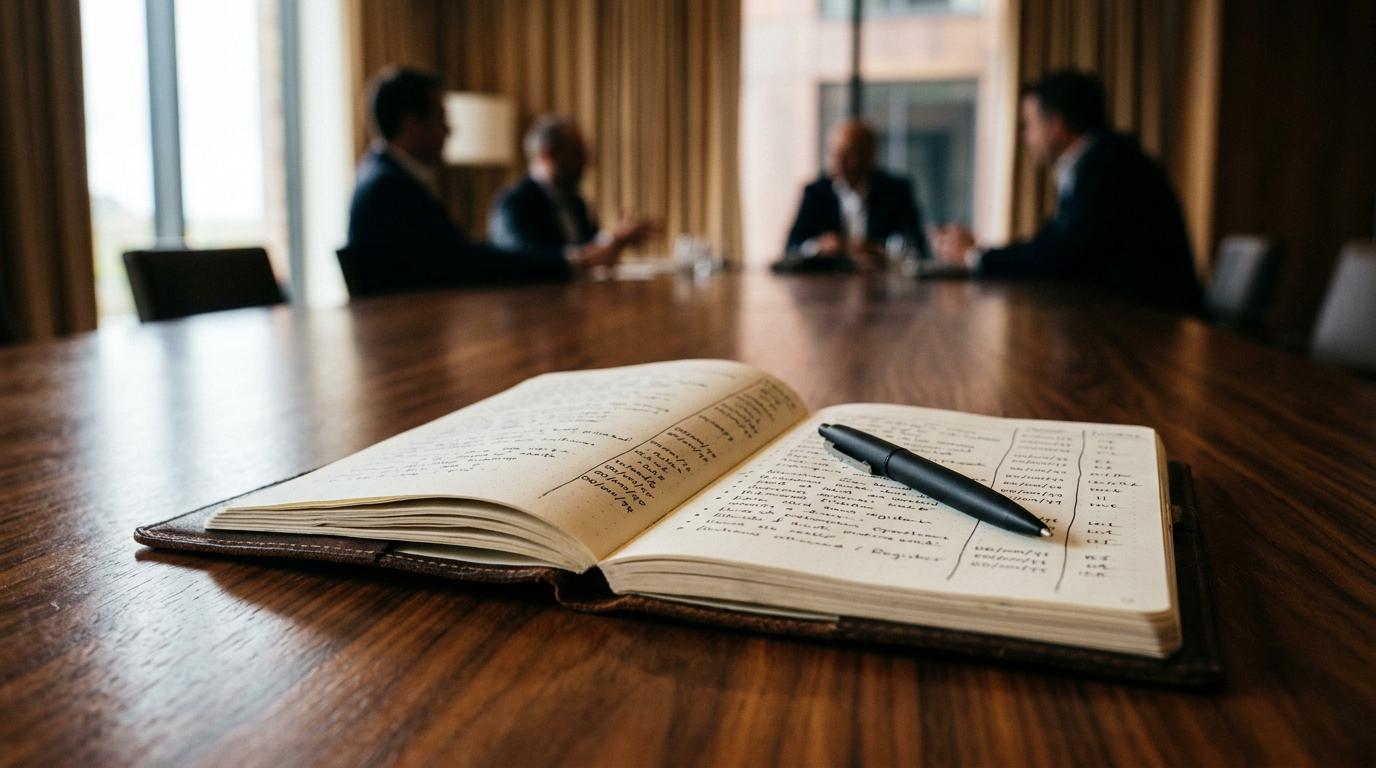 Notebook with handwritten notes and a pen on a wooden table, with blurred figures of business professionals engaged in discussion in the background, illustrating the concept of planning effective executive offsites and strategic meetings.
