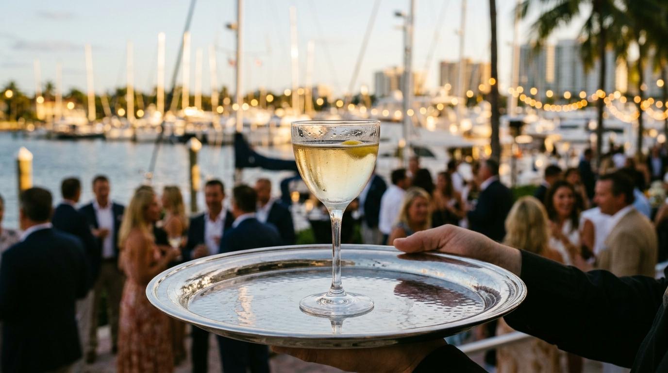 Elegant cocktail on a silver tray held by a server, with a vibrant outdoor corporate event and marina in the background, showcasing Fort Lauderdale's appealing atmosphere for gatherings.
