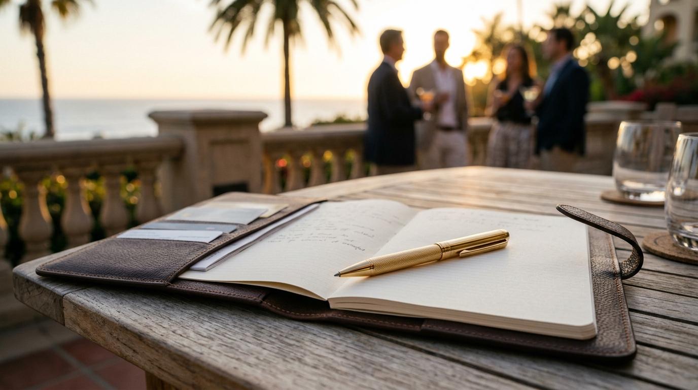 Notebook and pen on a wooden table with blurred figures networking in the background during a corporate event at sunset.