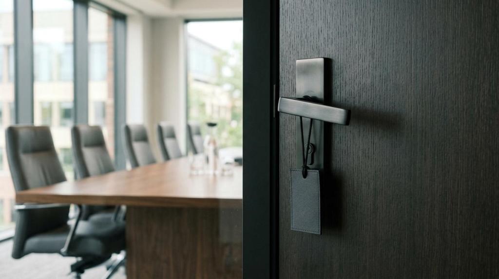 Modern conference room door with a sleek handle, leading to a spacious meeting area featuring a long wooden table and ergonomic chairs, emphasizing professional settings for leadership retreats.