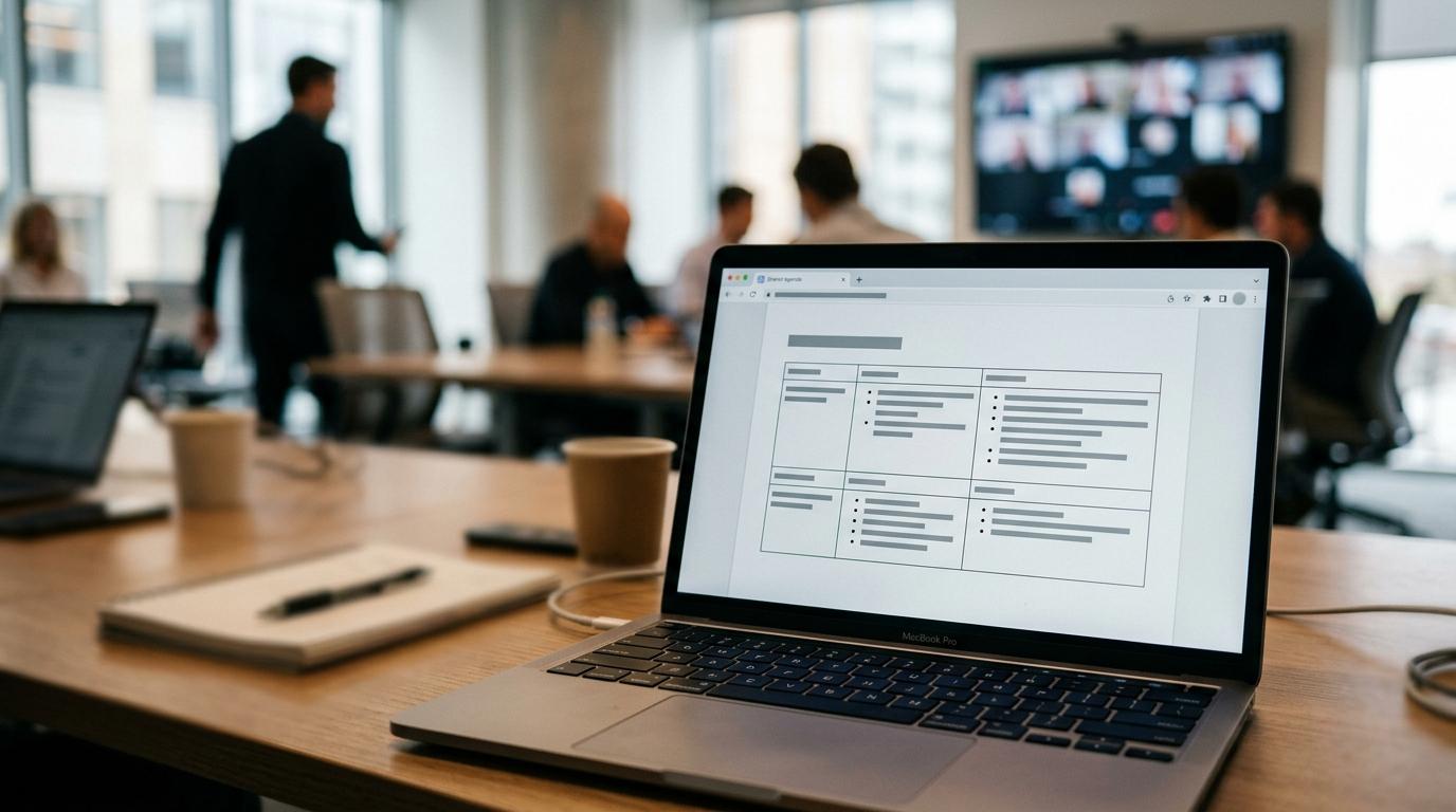 Laptop displaying meeting agenda on screen with team members engaged in discussion in a modern conference room.