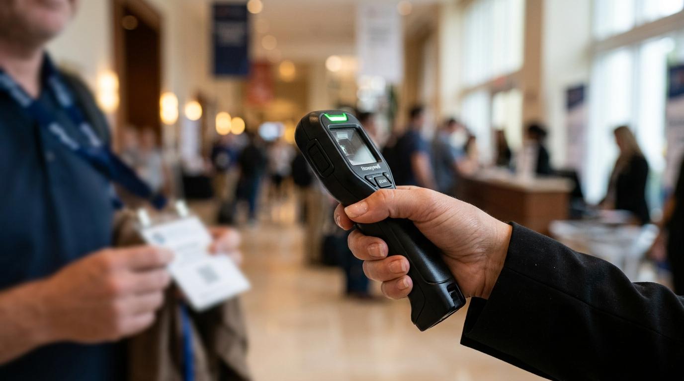 Hand holding a thermal scanner in a conference setting, with attendees in the background, illustrating health and safety measures for corporate events in Miami.