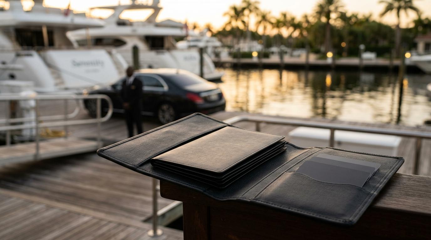 Luxury event planning details on a wooden dock, featuring a leather portfolio with documents, yachts in the background, and a chauffeur by a luxury car, symbolizing high-end experiences in Palm Beach.