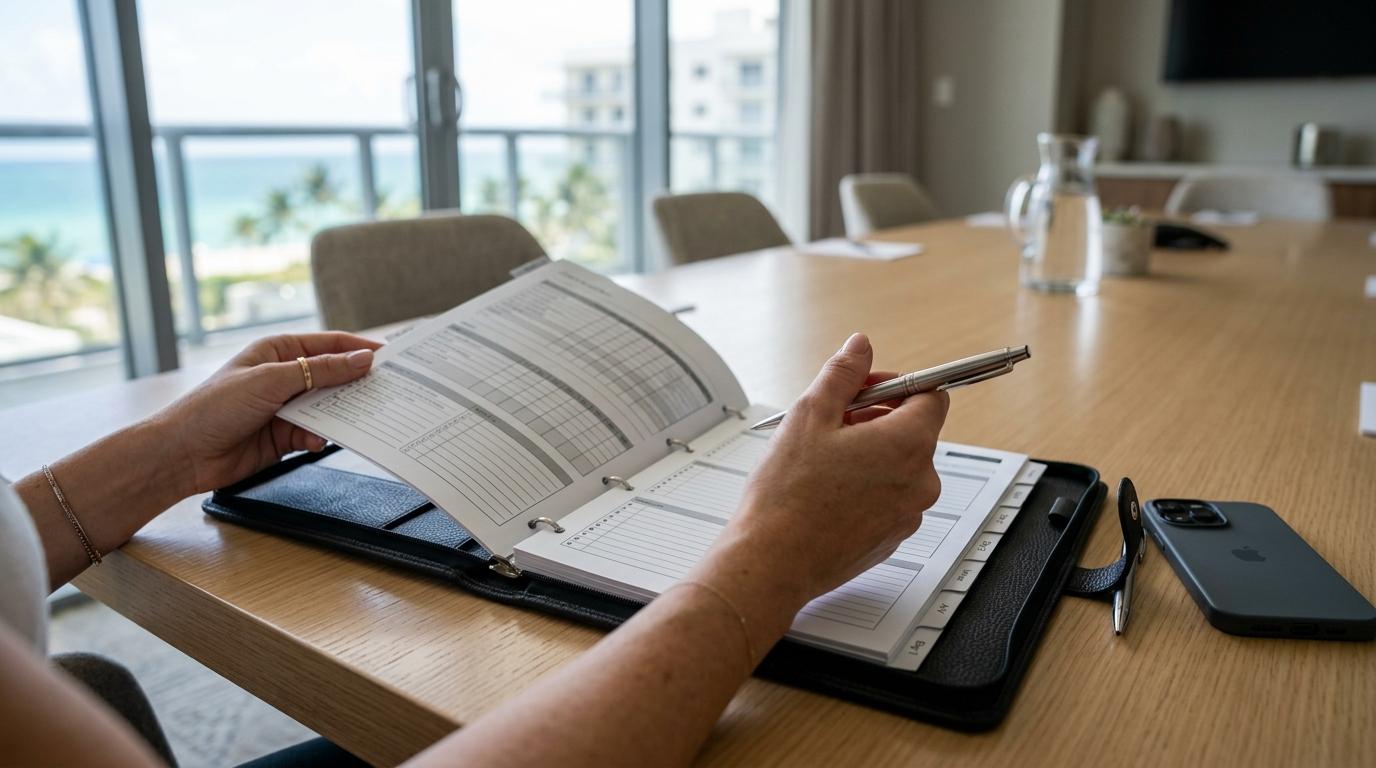 Hands holding a planner and pen, reviewing meeting agendas in a bright conference room with a view of palm trees and ocean, emphasizing effective meeting management strategies for growing teams.