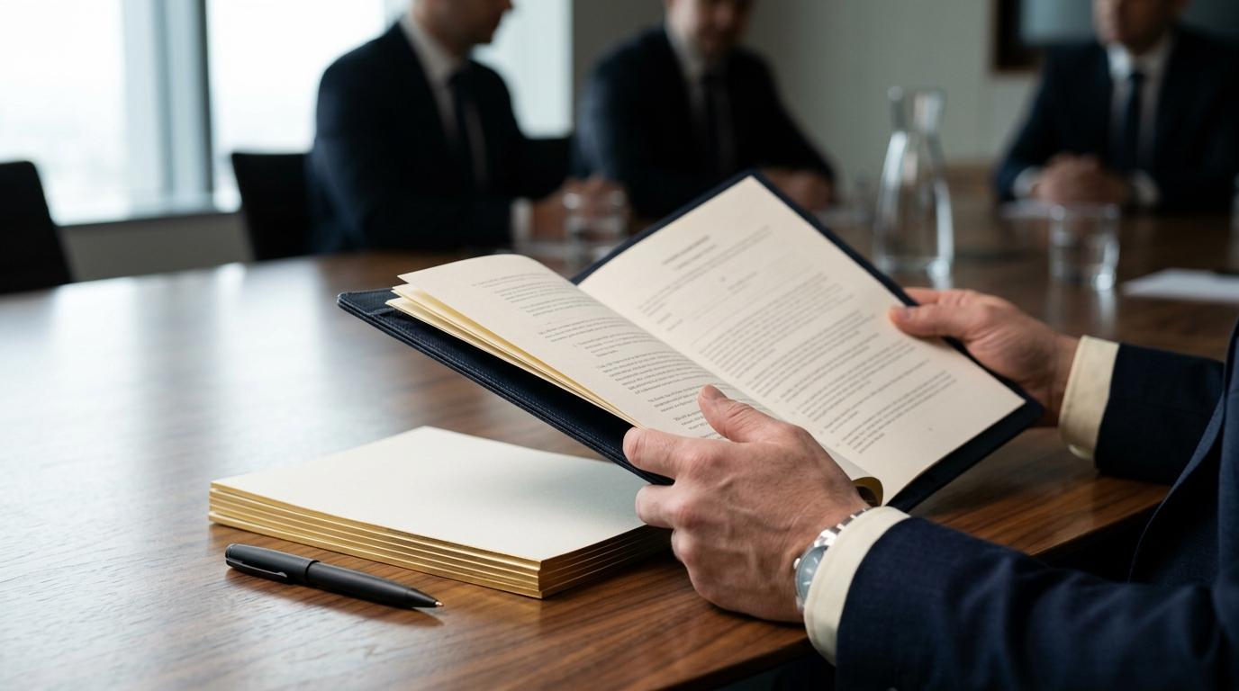Business professional reviewing documents during a strategic meeting at a corporate offsite, with a focus on planning and management in a modern conference room setting.
