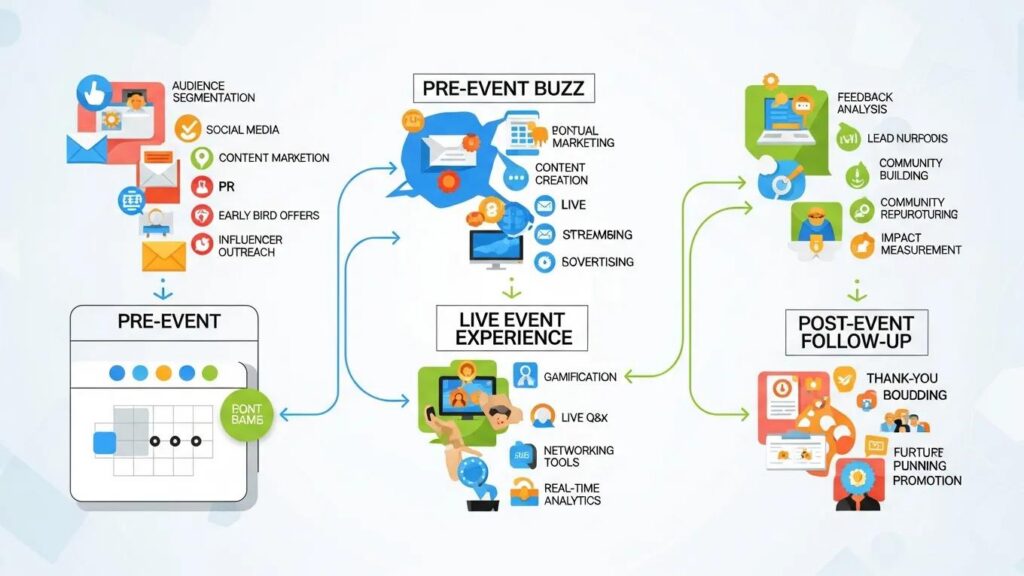 Event planning flowchart illustrating pre-event strategies, live event experiences, and post-event follow-up, highlighting audience segmentation, marketing tactics, gamification, and feedback analysis for effective event management.