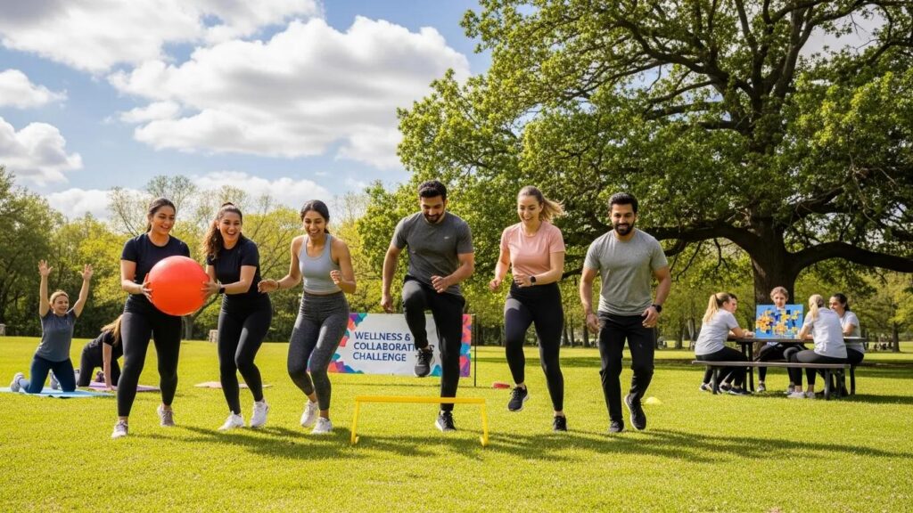 Group of employees participating in a corporate wellness and collaboration challenge, engaging in physical activities with a red ball and obstacle, promoting teamwork and fitness in a park setting.