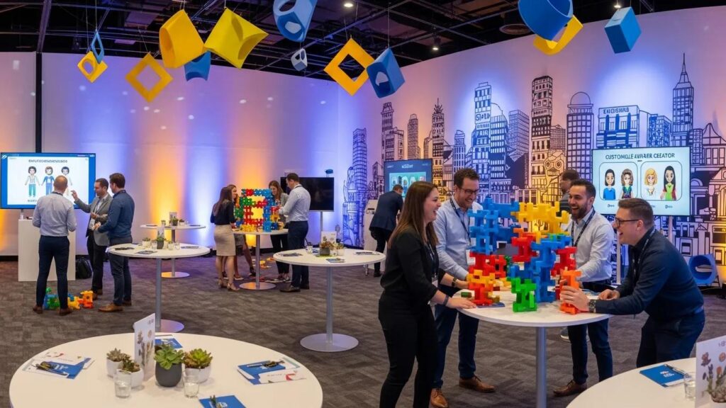 Attendees engaging in interactive team-building activities at a corporate event