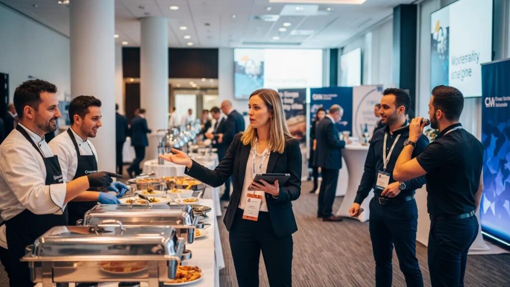 Event planner coordinating with vendors at a corporate event, showcasing teamwork and organization