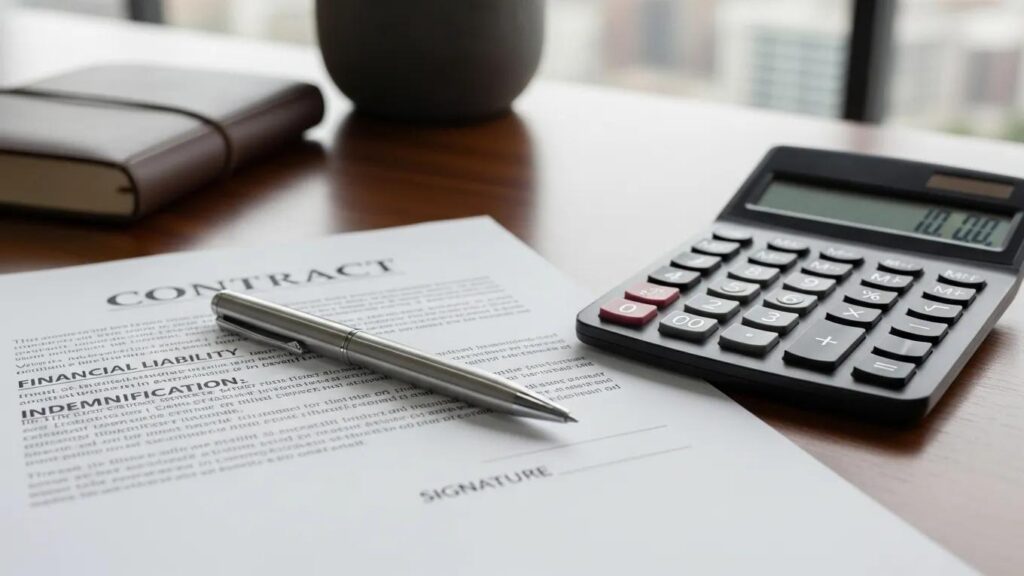 Contract document highlighting financial liability and indemnification clauses, alongside a calculator and pen on a wooden table, symbolizing financial responsibilities in event agreements.