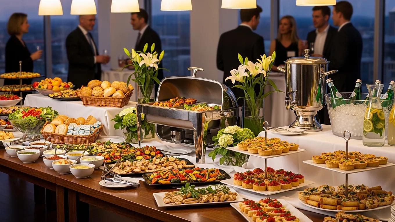 Corporate catering setup with gourmet food and beverages for business events