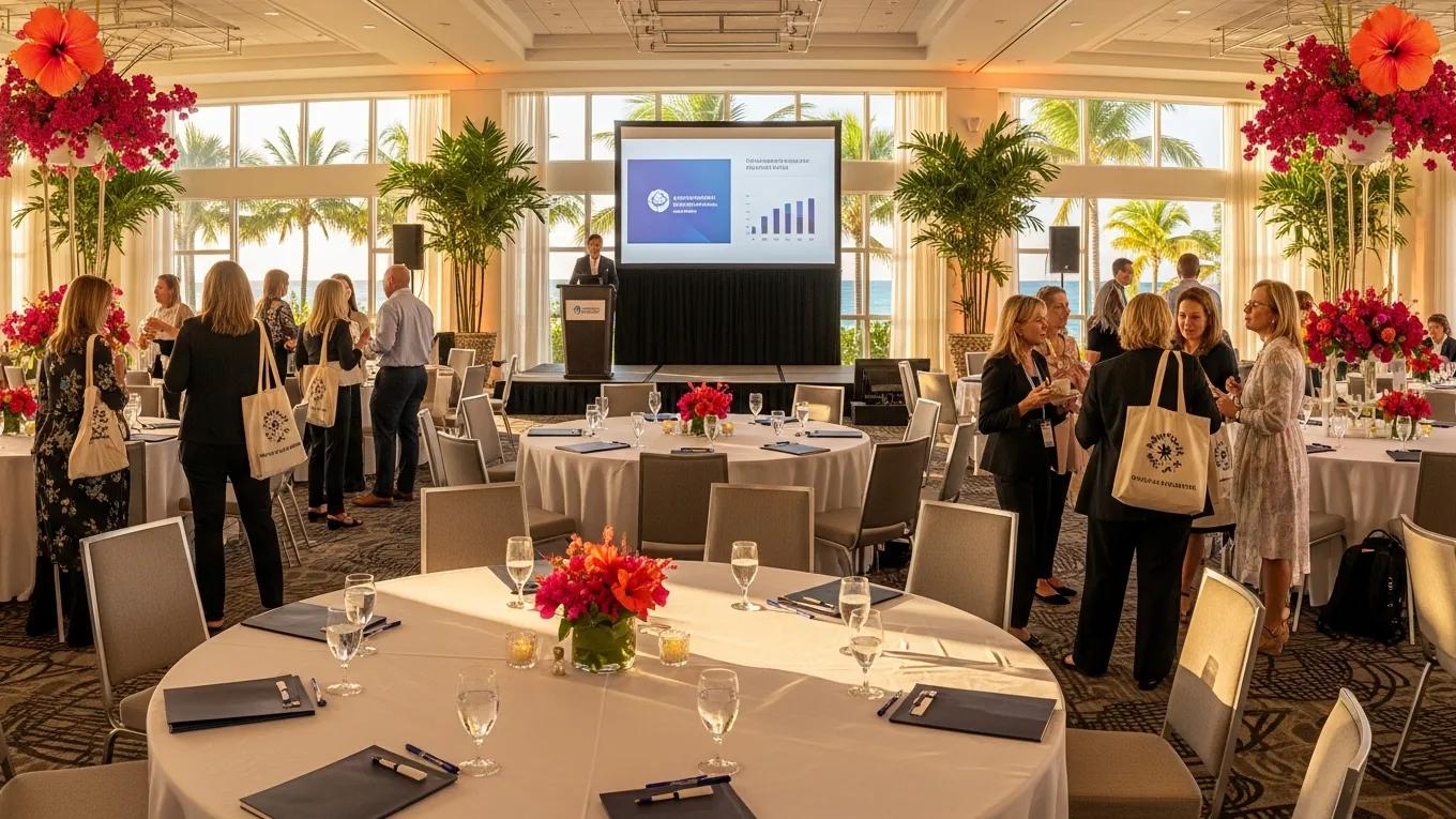 Corporate conference setting in Palm Beach with attendees networking