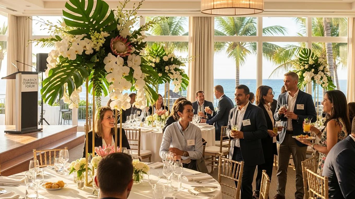 Corporate event in Palm Beach with attendees networking in a beautifully decorated venue