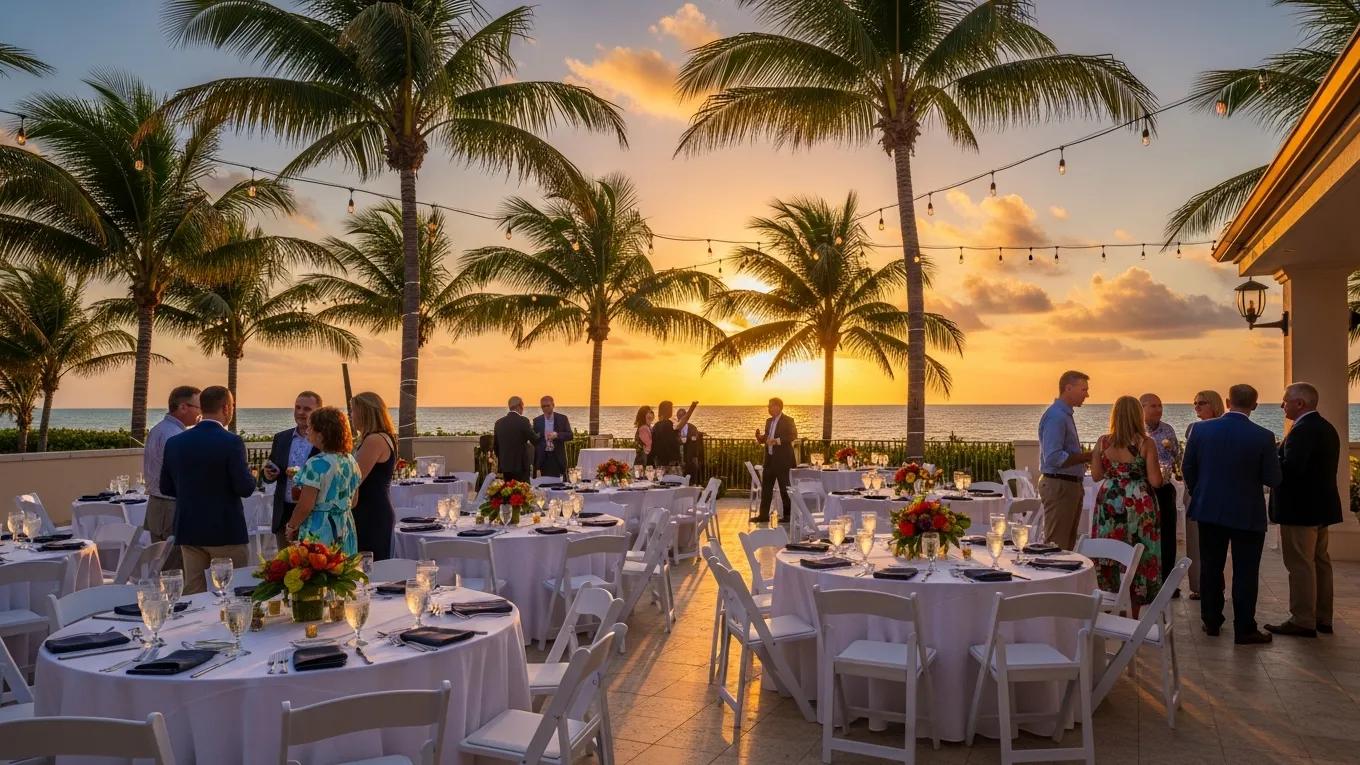 Corporate event in Palm Beach with attendees networking in an elegant outdoor setting