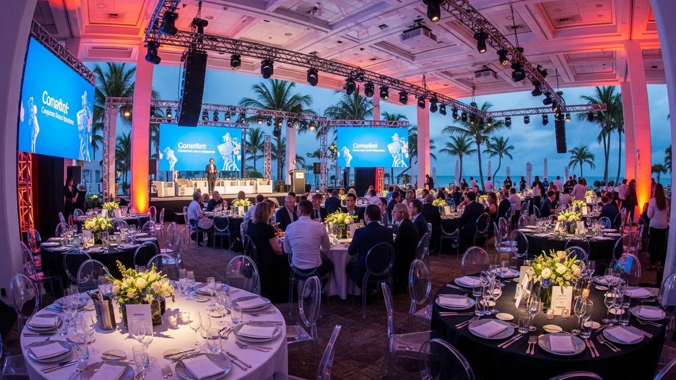 Corporate event in Palm Beach with elegant setup and AV technology