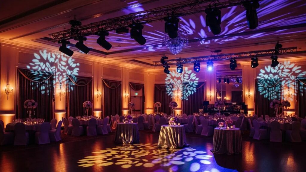 Diverse event lighting setup enhancing the atmosphere of a venue