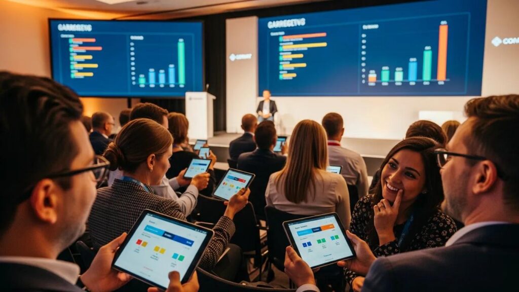 Audience engaged in live polling session at corporate event, utilizing tablets to participate, with data visualization displayed on large screens, highlighting interaction and technology in finance and professional services.