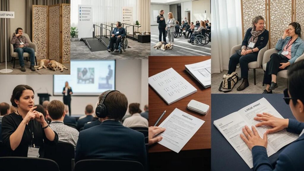 Event scene showcasing accessible accommodations, including quiet spaces, wheelchair access, sign language interpretation, braille materials, and assistive listening devices for attendees with diverse needs.