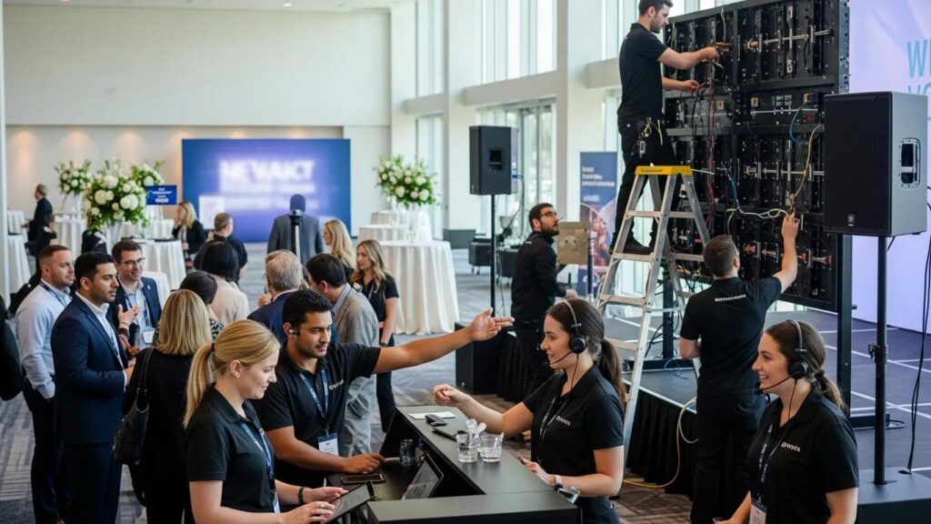 Event logistics team coordinating on-site at a corporate event, managing technical setup and guest interactions, with a focus on effective communication and operational efficiency.