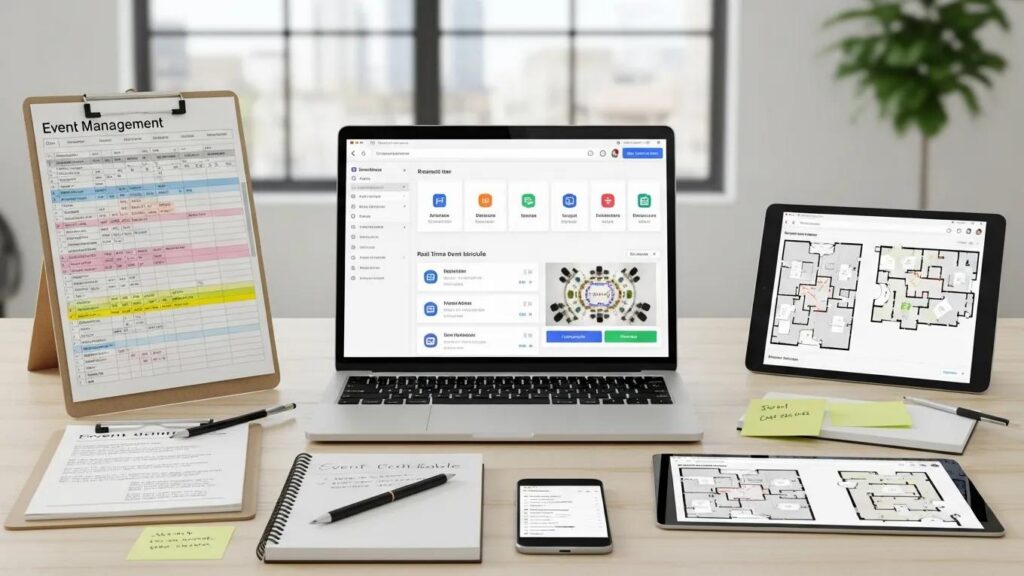 Event management software displayed on a laptop, illustrating technology use in planning