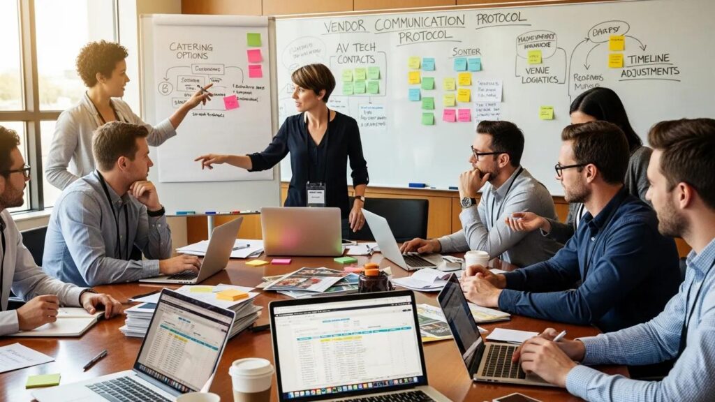 Event planners discussing vendor coordination strategies in a team meeting, with laptops and notes on the table, brainstorming logistics and communication protocols.