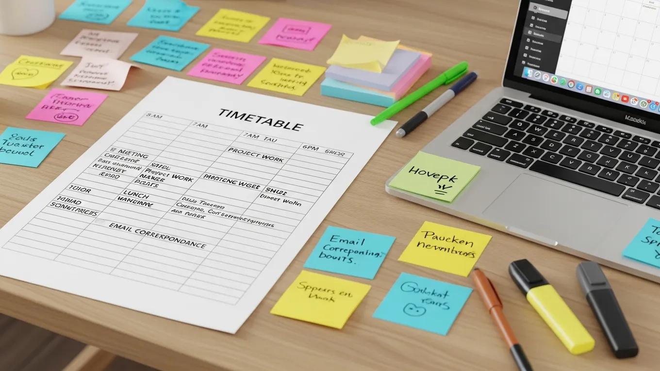 a detailed timetable with a laptop and colorful notes on a desktop with no person in the image