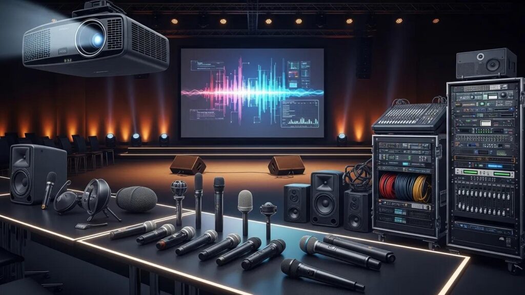 High-quality audio-visual rental equipment ready for an event