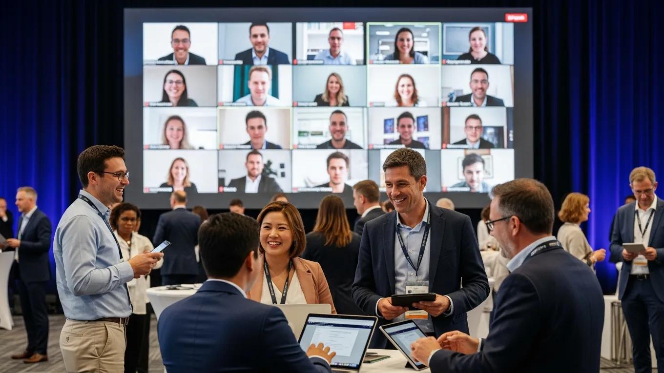 Hybrid event setup with in-person attendees and virtual participants engaging through technology