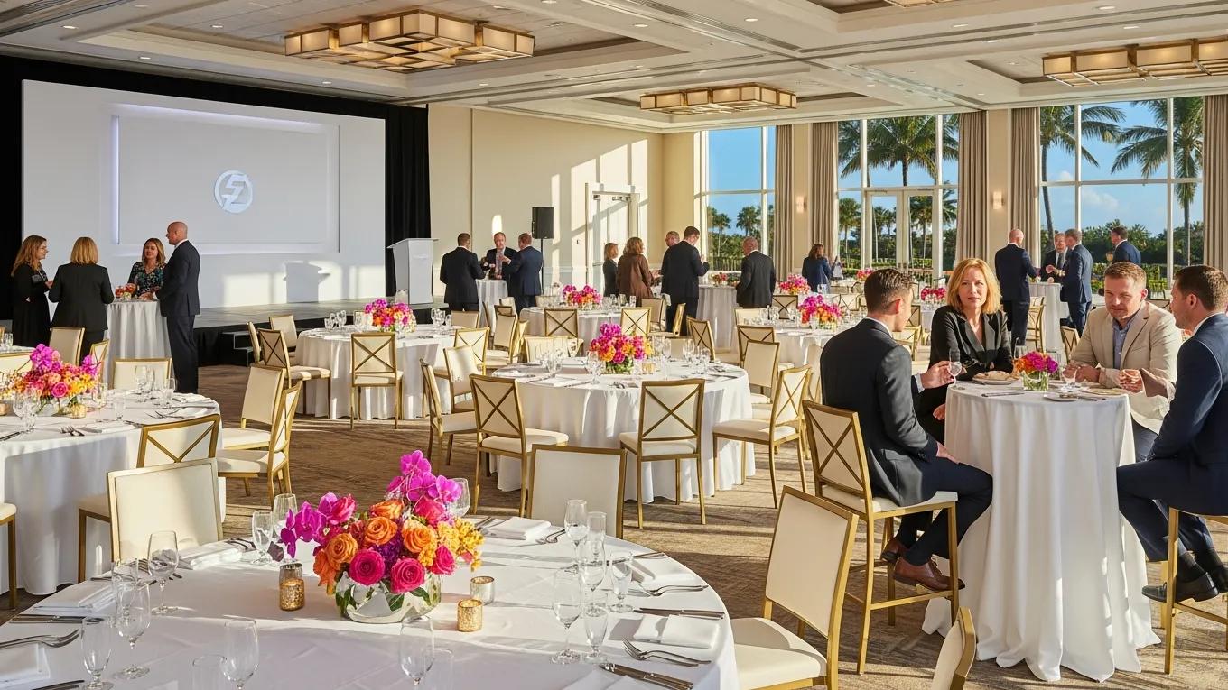 Luxurious corporate event venue in Palm Beach with elegant decor and networking attendees