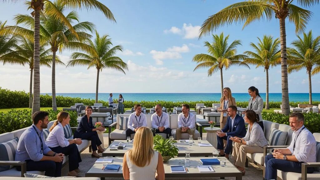 Luxury corporate retreat setting in Palm Beach, Florida, with outdoor meeting area and ocean view,