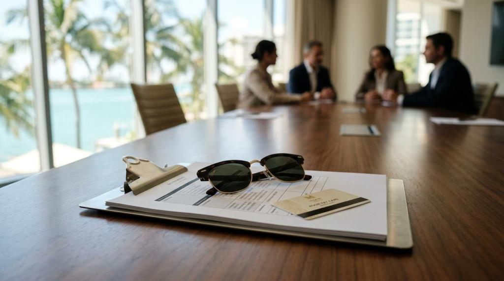 Meeting room table with sunglasses and clipboard, professional discussion in background, Miami corporate retreat setting, enhancing event planning and production services.