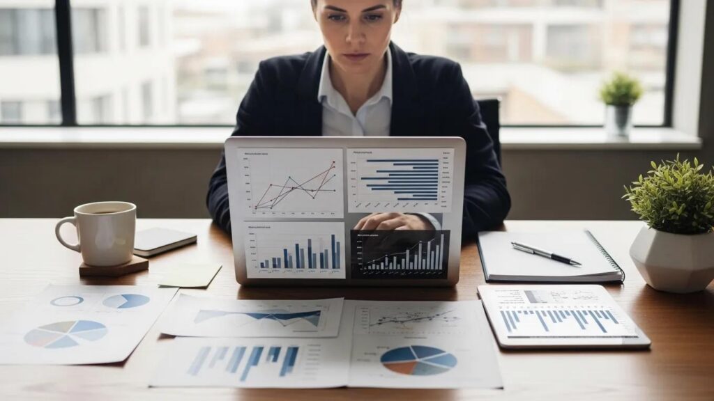 Professional analyzing data on a laptop, showcasing graphs and charts, with printed reports and a coffee cup on the desk, emphasizing effective analysis techniques for event feedback.