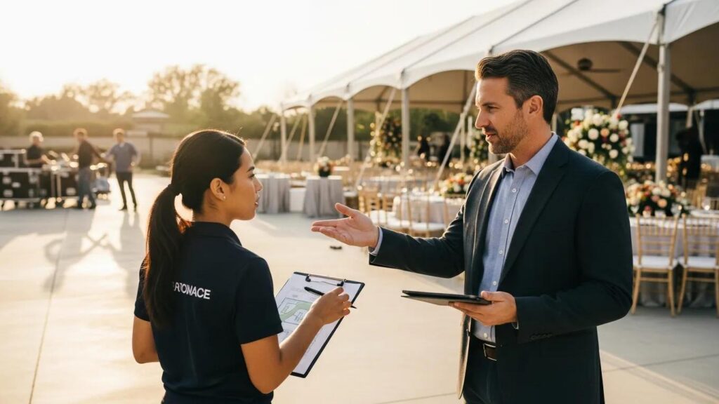 Professional vendor assessment during a site visit, featuring a vendor discussing event logistics with a client, outdoor event setup in background.