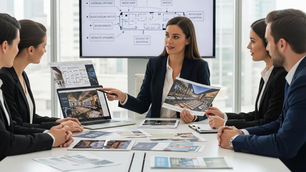 Professional event planner collaborating with corporate clients on venue selection