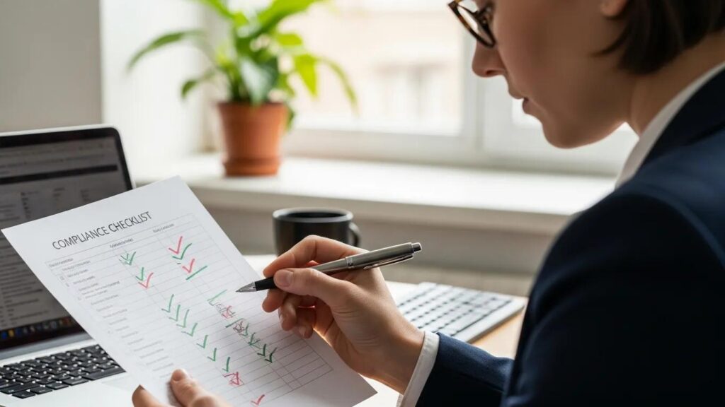 Professional reviewing vendor compliance checklist for risk management, with checkmarks and notes, in an office setting with laptop and plant.