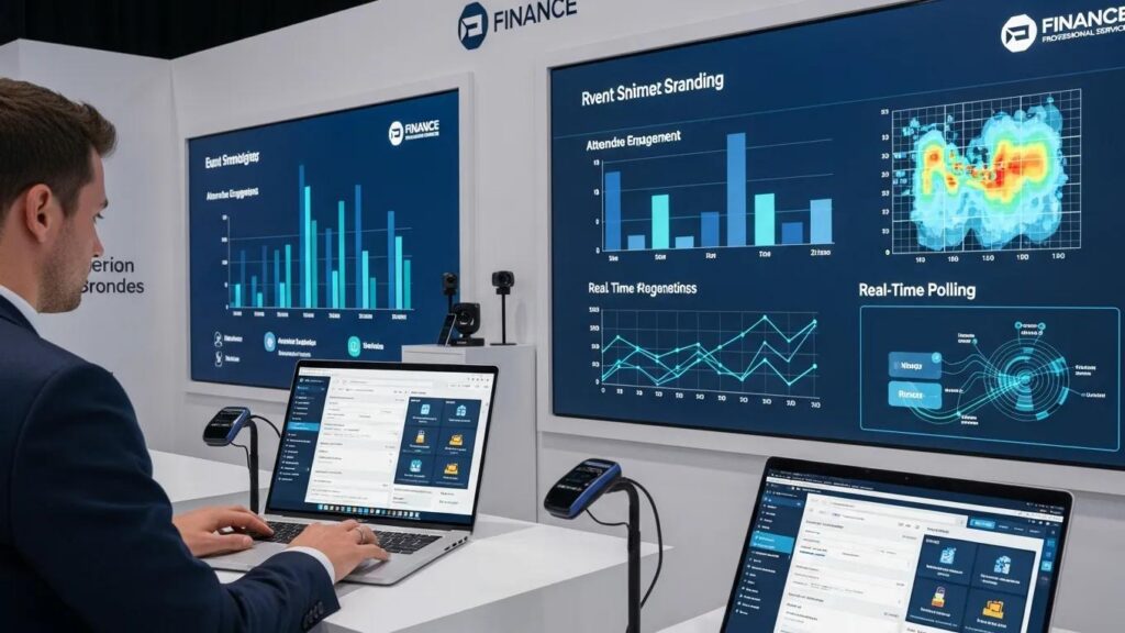 Professional using event management software at a corporate event, showcasing data analytics and real-time polling tools on screens, enhancing attendee engagement and networking opportunities.