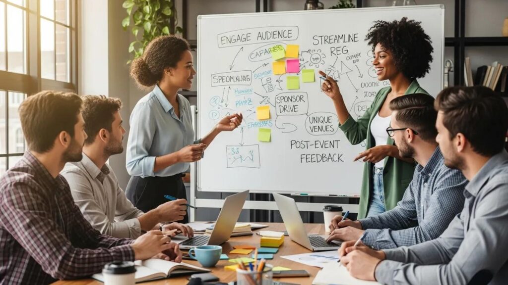 Team brainstorming session focused on actionable insights for improving future events, with a whiteboard displaying strategies for engaging audience and post-event feedback.