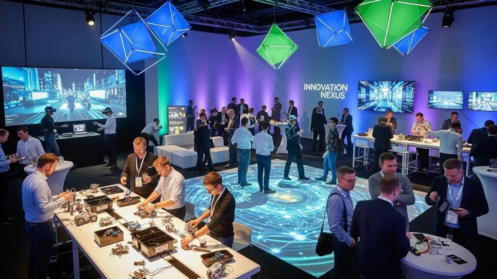 Engaging corporate event design featuring interactive elements, attendees participating in activities, and a vibrant backdrop with colorful lighting and digital displays, emphasizing the theme of innovation.