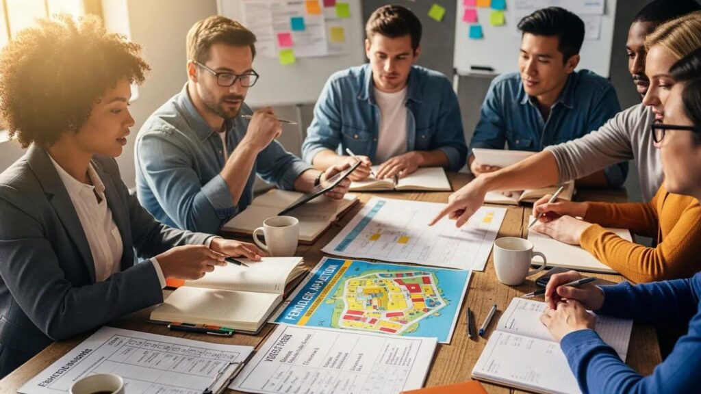 Group of event planners coordinating logistics and schedules, discussing maps and notes for efficient transportation planning.