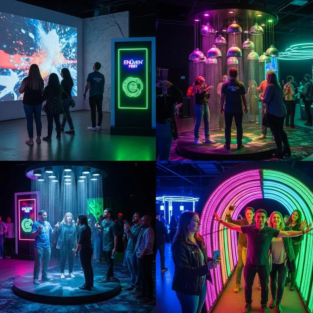 Vibrant experiential event with attendees engaging in immersive installations