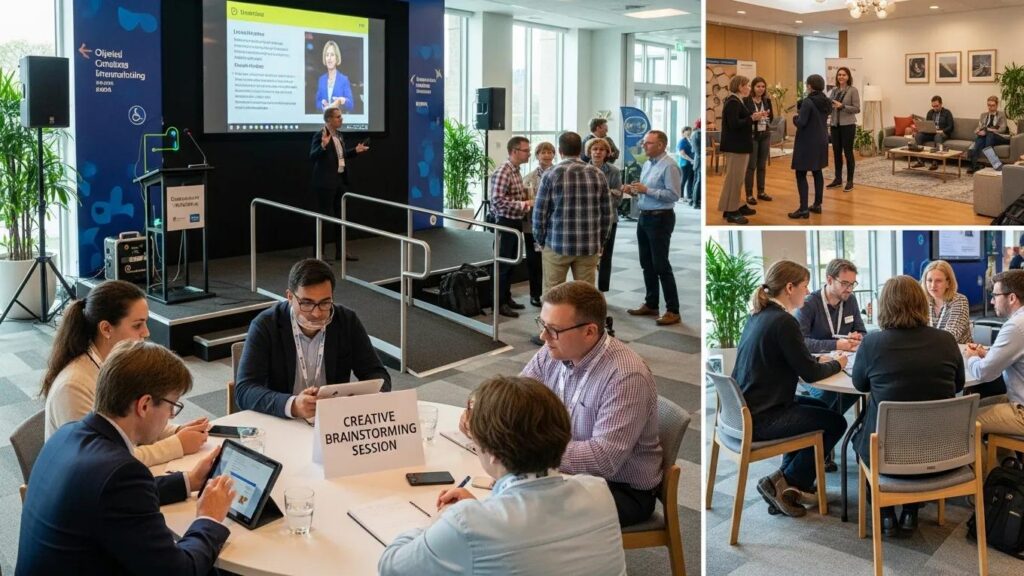 Welcoming event space featuring diverse programming, accessible features, and attendees engaged in brainstorming sessions and networking activities.