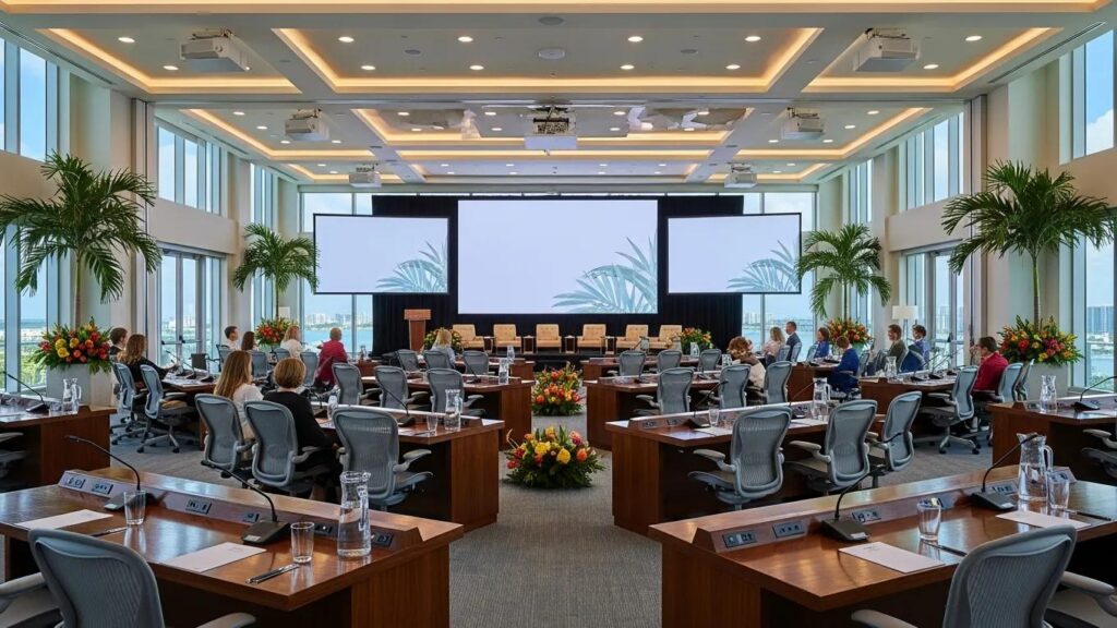 Modern conference venue in Miami featuring spacious layout, large windows, and elegant seating arrangement with floral decorations, ideal for corporate events and networking.