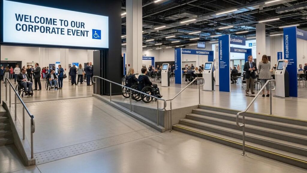 Accessible corporate event venue showcasing ADA compliance: ramps, clear signage, and wheelchair accessibility.