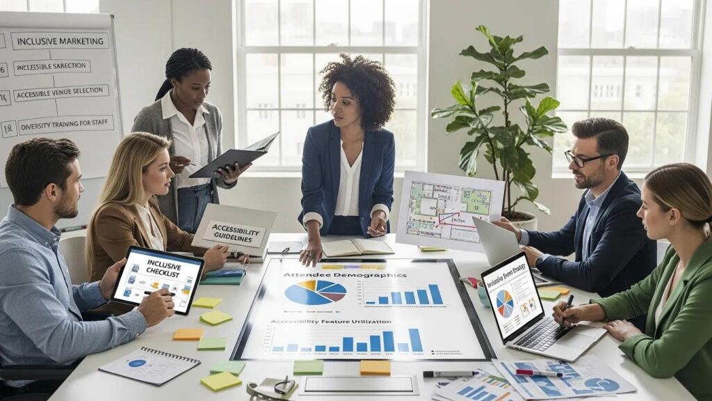 Event planners collaborating on inclusive strategies and ADA compliance for corporate events, reviewing accessibility checklists and attendee demographics.