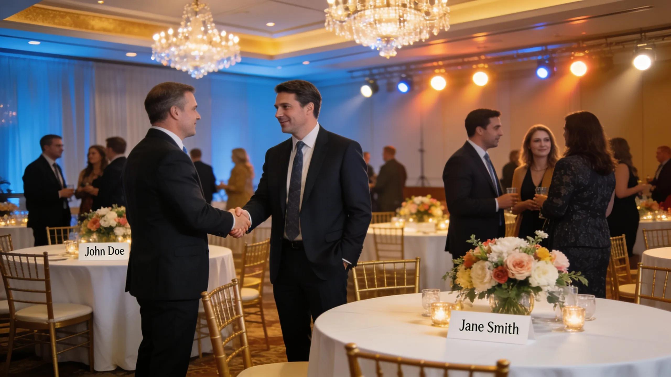 Corporate event scene with professionals networking and elegant decor