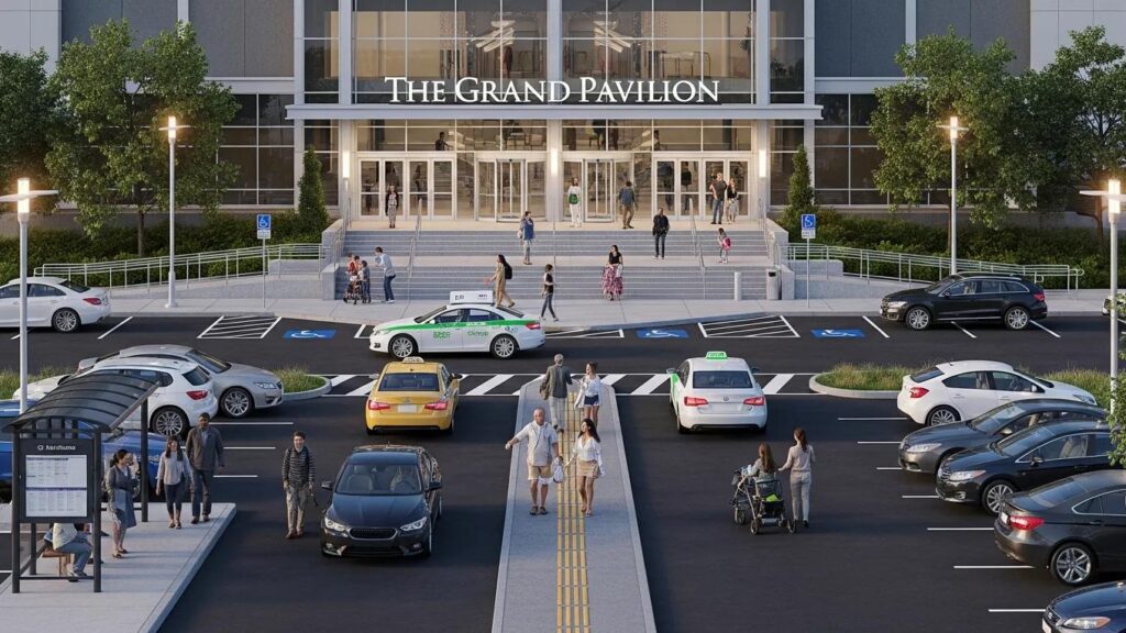 Accessible venue exterior with parking and welcoming atmosphere for event attendees