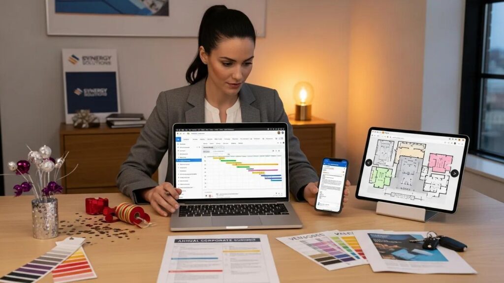 Event planner utilizing technology tools for corporate holiday event logistics coordination.